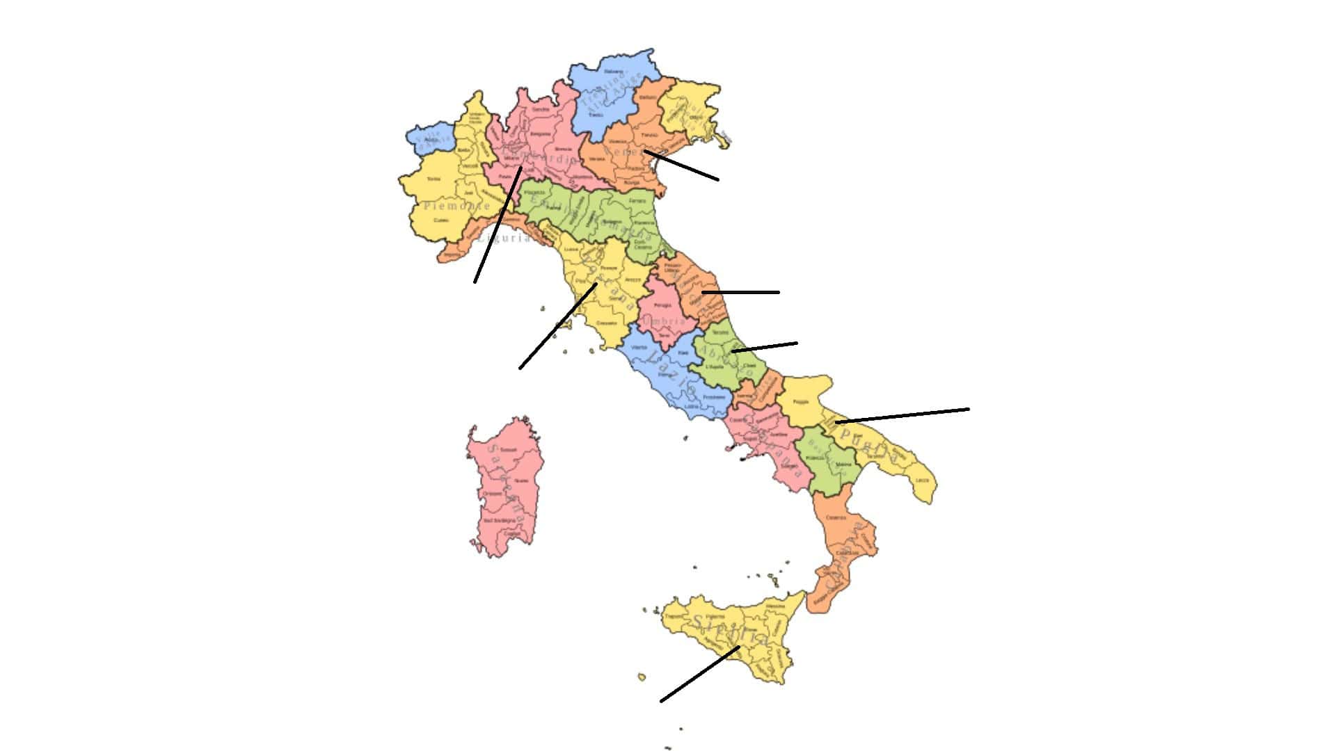 Karte von Italien mit den besten italienischen Weinregionen markiert