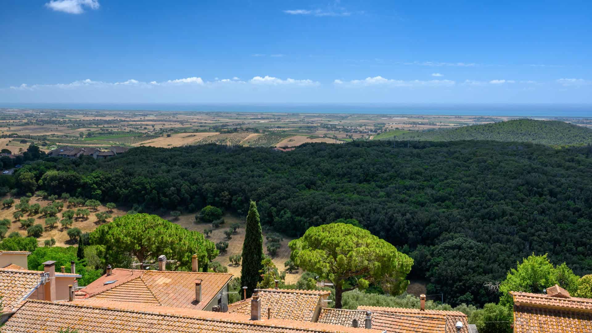 Panoramablick auf die Felder der toskanischen Maremma